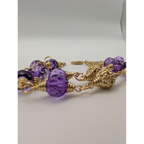 Purple Crystal Beaded Bracelet Double Strand Gold Tone‎ Clasp Closure - Picture 2 of 5